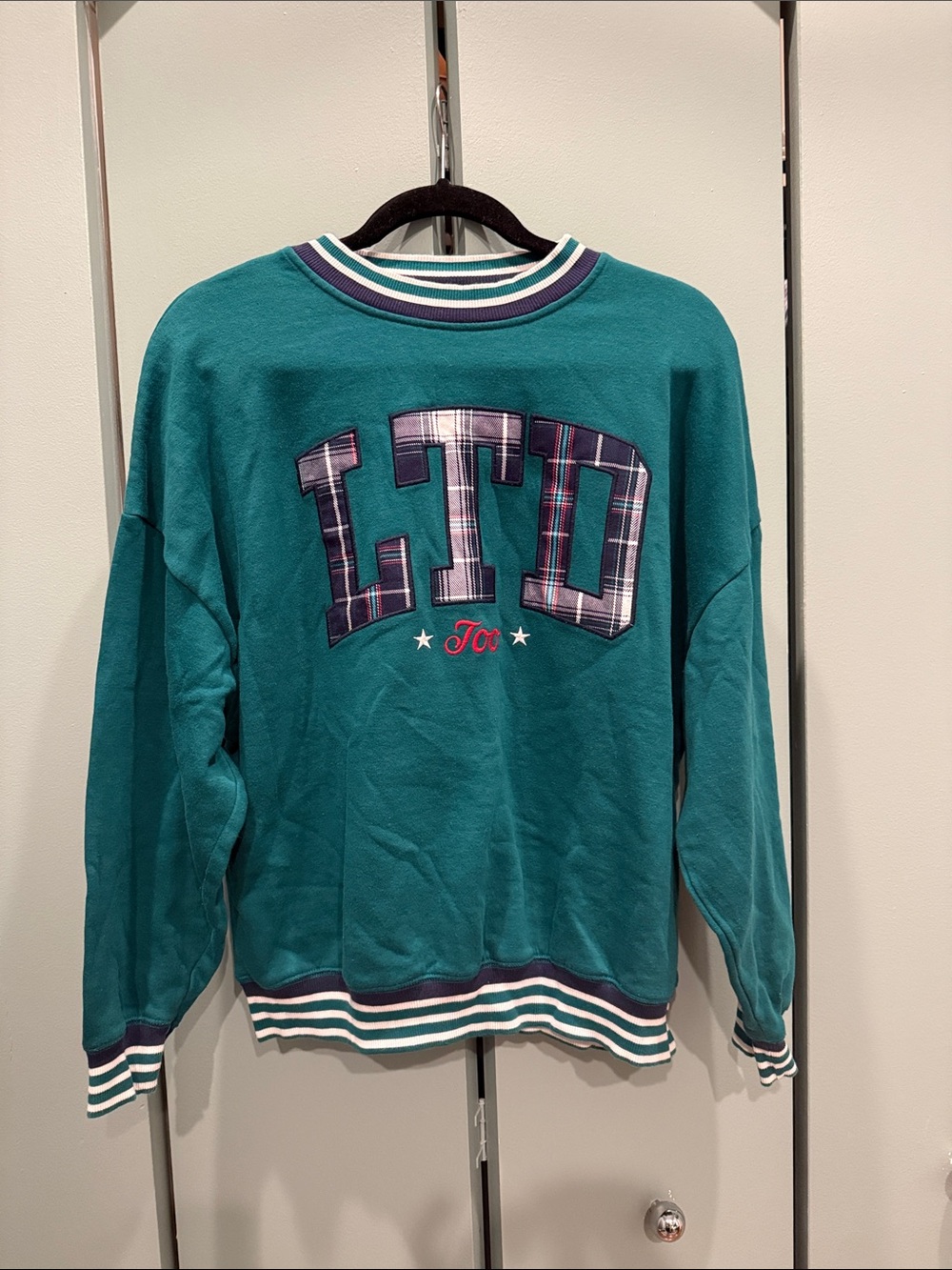 Limited Too Teal Plaid Lettered Crewneck Sweatshirt